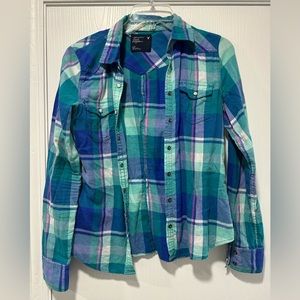 American eagle blue and white plaid flannel shirt size small - great condition